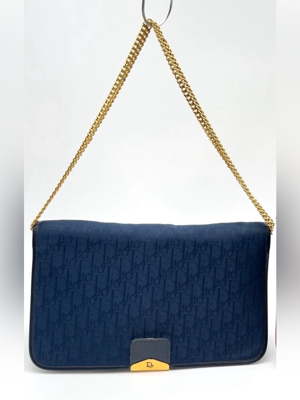 Dior Navy Monogram Trotter Canvas Shoulder Bag with Gold Chain Strap